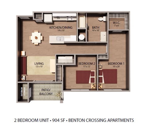 Floor plan for 2 beds, 1 bath, 905 sqft
